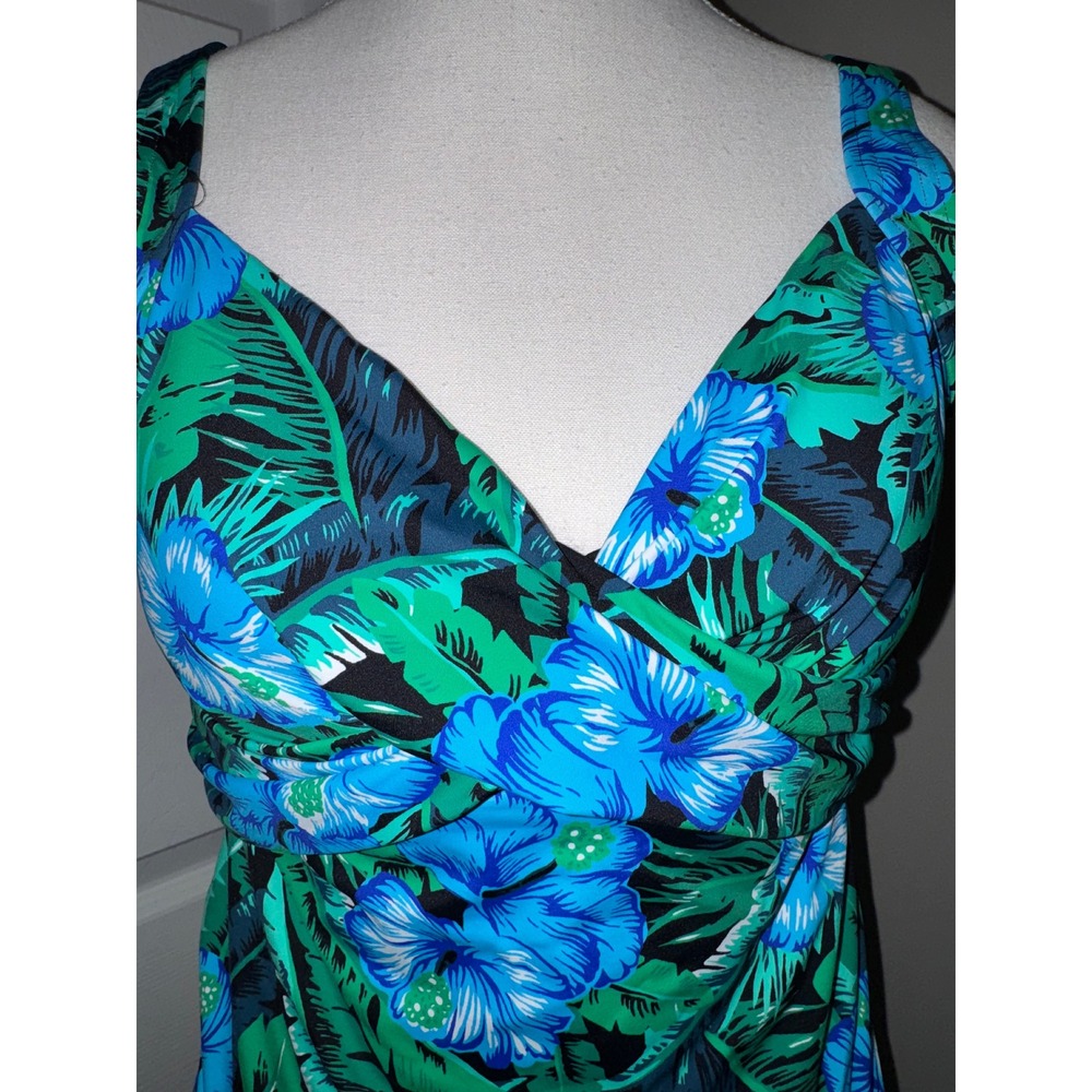 Lands End Tropical Floral Tankini Top Blue Green Hibiscus Underwire Size 12 - Picture 2 of 7